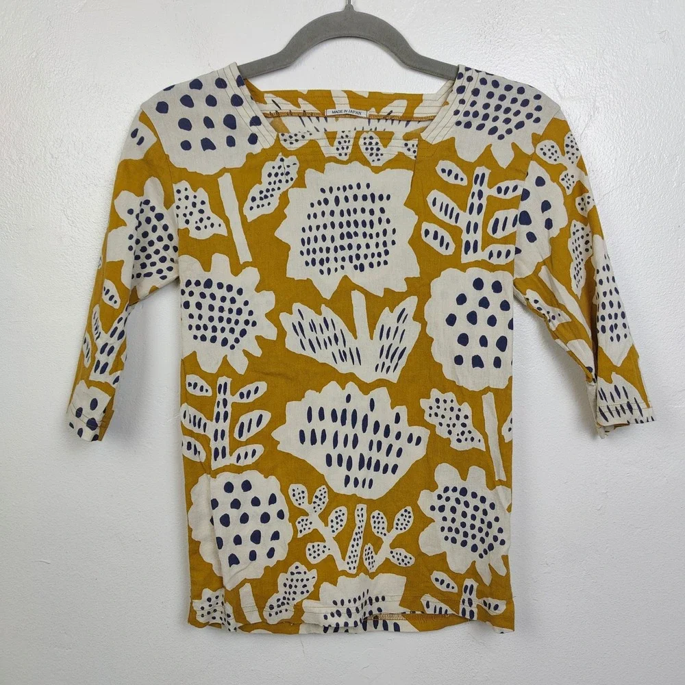 Sou Sou Womens Top Small‎ Mustard Yellow Floral Boat Neck 3/4 Sleeve Art to Wear